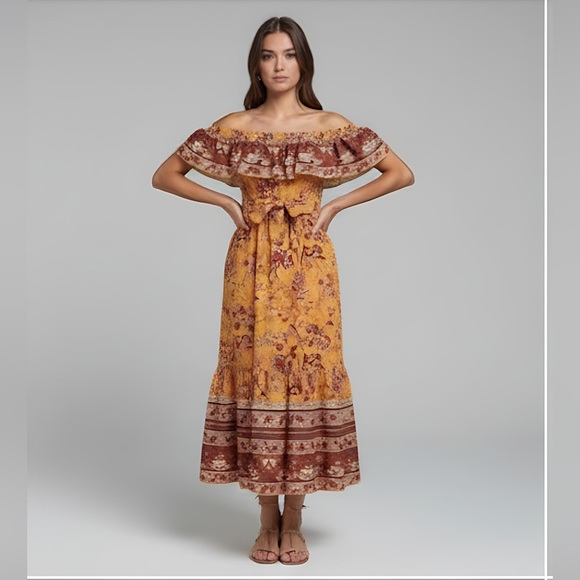 Boho Floral Pattern Off Shoulder A-Line Dress - Picture 2 of 8